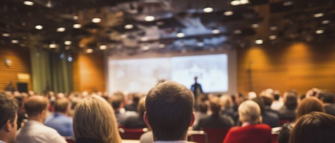 Multitud de personas sentadas en un auditorio para escuchar conferencistas famosos que se presentan en un foro.