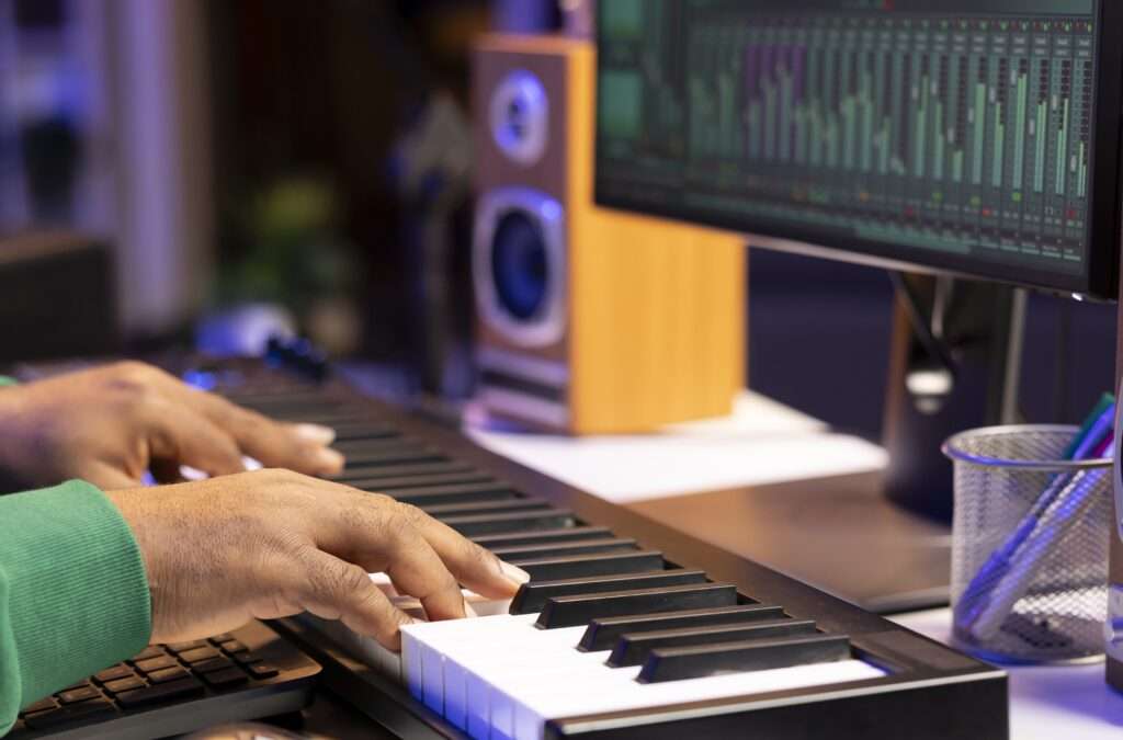 Manos de un músico tocan un teclado MIDI con pantalla y monitor de audio, para realizar pruebas, como parte de la logística y producción de eventos. 